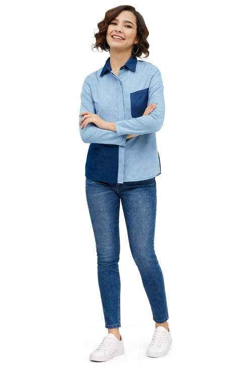 Generic Women's Denim Patch Work Long Sleeves Standard Length Shirt (Blue)