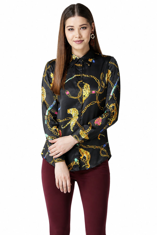 Generic Women's Satin Printed Long Sleeves Standard Length Shirt (Black - Gold)