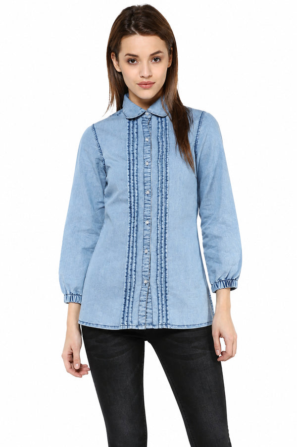 Generic Women's Denim Solid 3-4th Sleeves Standard Length Shirt (Blue)