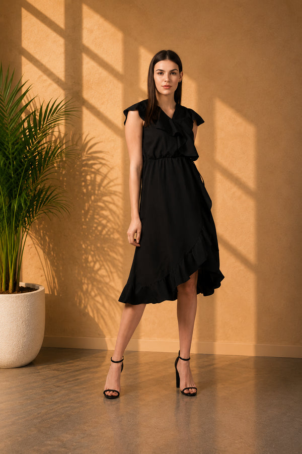Generic Women's Polyester Ruffled Cap Sleeve Knee-Length Dress (Black)