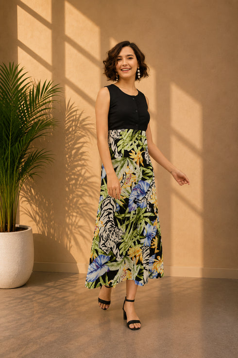 Generic Women's Rayon Floral Sleeveless Calf-length Dress (Multicolor)