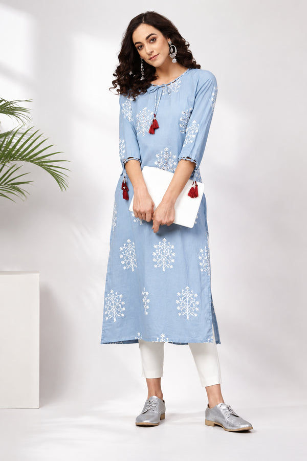 Generic Women's Casual 3/4 th Sleeve Embroidery Cambric Cotton Kurti (Blue)