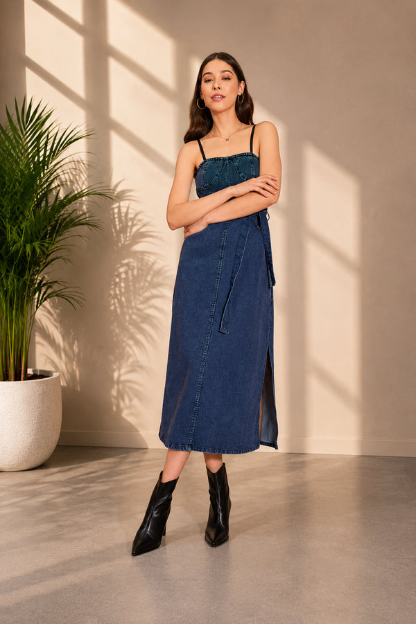 Generic Women's Denim Solid Shoulder Straps Dress (Blue)
