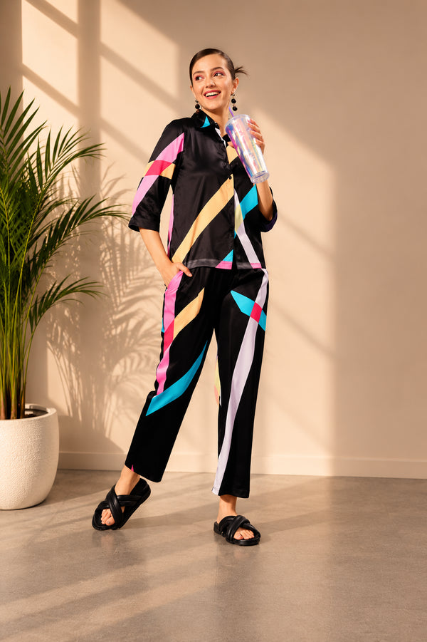 Generic Women's Satin Colour Block Long Sleeves Co-Ord Set (Multicolor)
