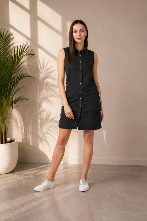 Generic Women's Denim Solid Sleeveless Dress (Black)