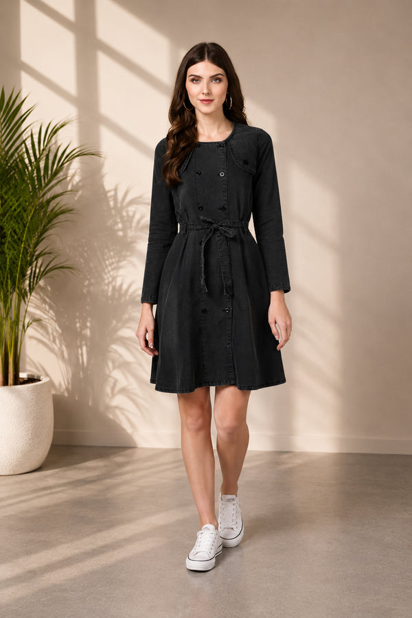 Generic Women's Denim Washed Long Sleeves Dress (Black)