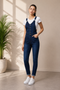 Generic Women's Denim Lycra Solid Buttoned Dungaree (Navy)