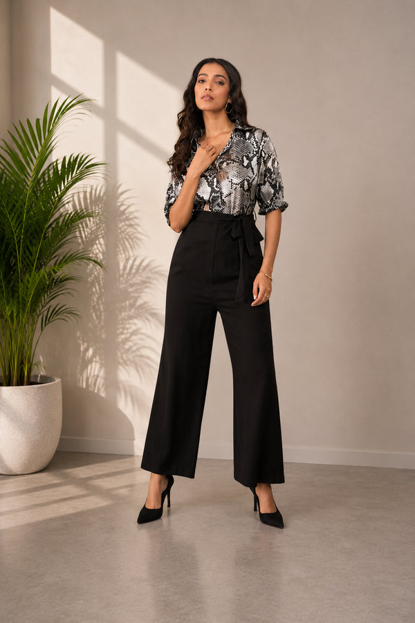 Generic Women's Satin And Polyester Floral Half Sleeves Jumpsuit (Grey - Black)