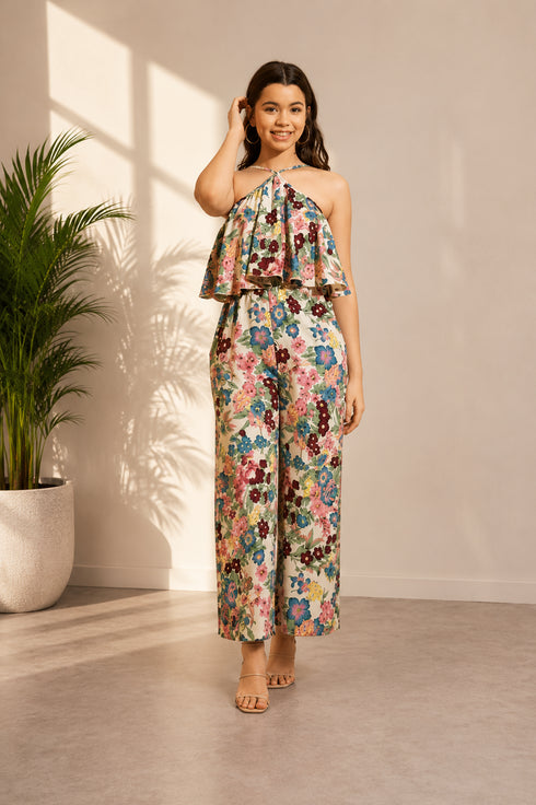 Generic Girl's Polyester Crepe Floral Sleeveless Jumpsuit (Multicolor)