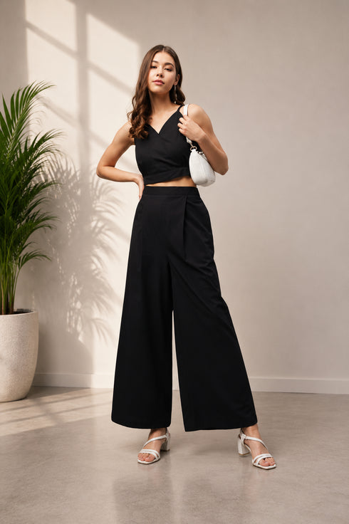 Generic Women's Cotton Linen Solid Sleeveless Crop Top and Palazzo Set (Black)