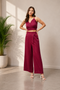 Generic Women's Cotton Linen Solid Sleeveless Crop Top and Palazzo Set (Maroon)