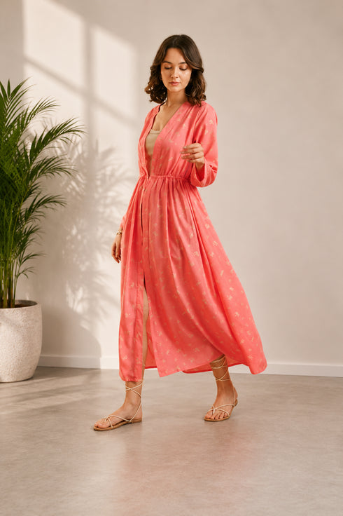 Generic Women's Polyester Floral Long Sleeves Shrug (Pink)