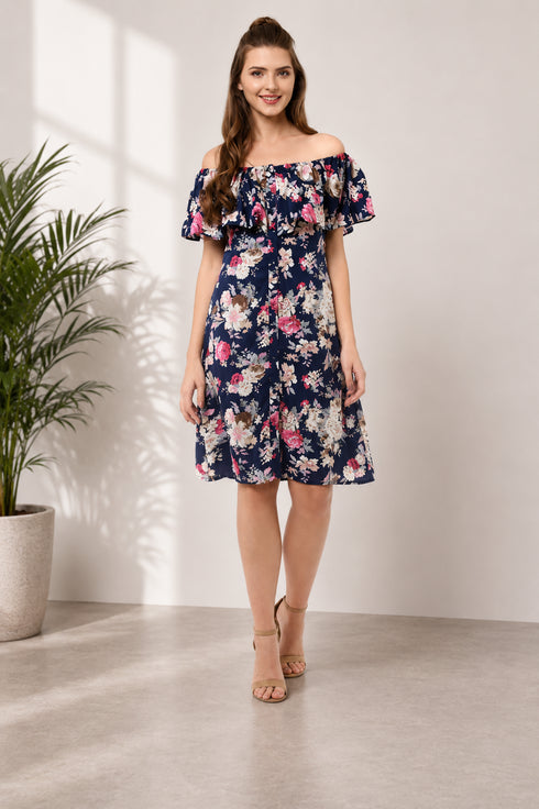 Generic Women's Polyester Crepe Floral Half Sleeve Above Knee Dress (Navy Blue)