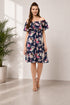 Generic Women's Polyester Crepe Floral Half Sleeve Above Knee Dress (Navy Blue)
