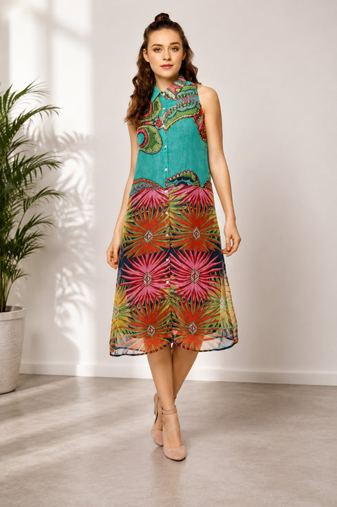 Generic Women's Polyester Floral Sleeveless Below Knee Dress (Multicolor)