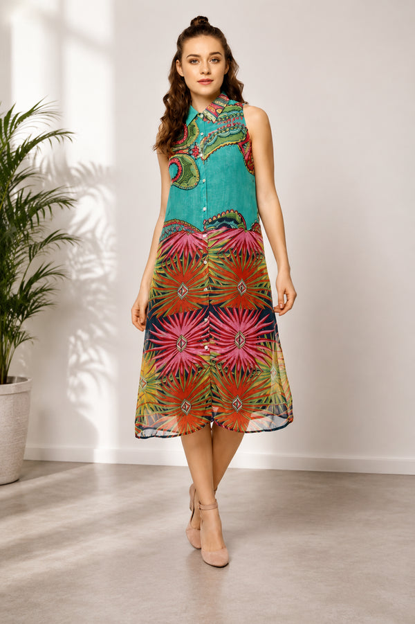 Generic Women's Polyester Floral Sleeveless Below Knee Dress (Multicolor)