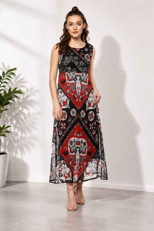 Generic Women's Polyester Printed Sleeveless Dress (Red - Black)