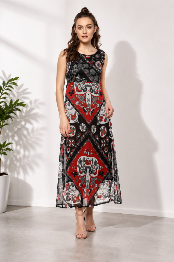 Generic Women's Polyester Printed Sleeveless Dress (Red - Black)