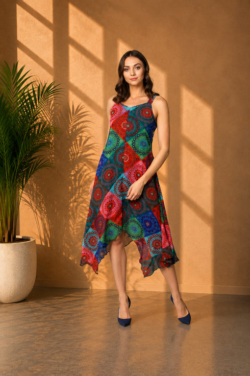 Generic Women's Polyester Asymmetrical Shoulder Straps Knee-Length Dress (Multicolor)