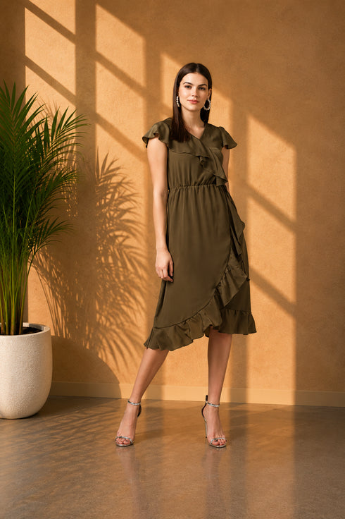 Generic Women's Polyester Ruffled Cap Sleeve Knee-Length Dress (Olive)