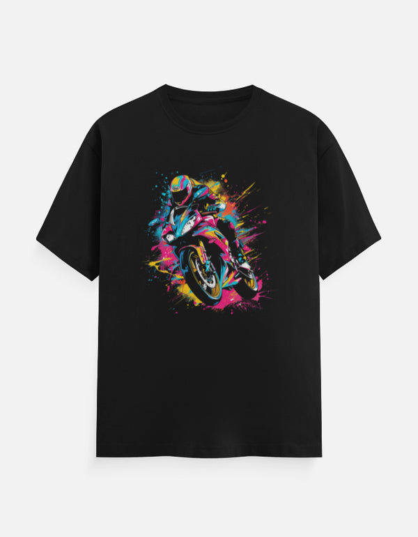 Black unisex t-shirt with colorful abstract motorcycle illustration