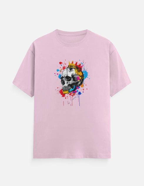 Pink unisex t-shirt with colorful abstract skull illustration