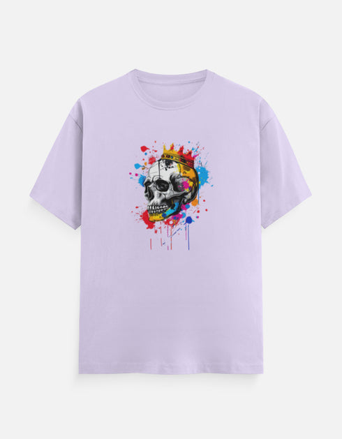 Light Purple unisex t-shirt with colorful abstract skull illustration