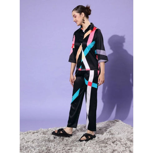 Generic Women's Satin Colour Block Long Sleeves Co-Ord Set (Multicolor)
