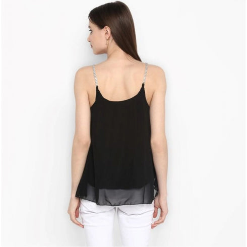 Generic Women's Polyester Embellished Shoulder Straps Top (Black)