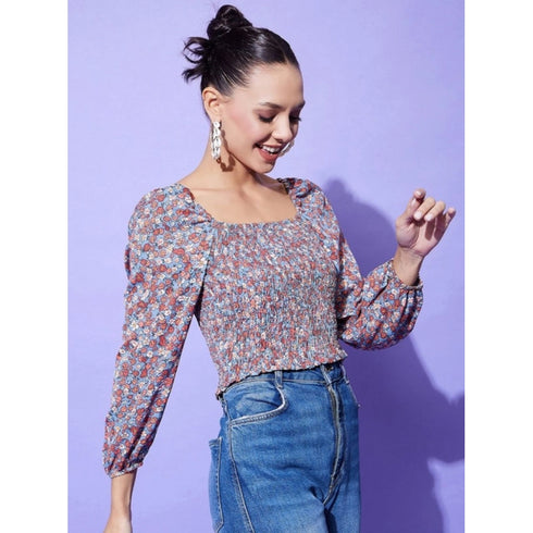 Generic Women's Polyester Floral Long Sleeves Top (Multicolor)