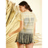Generic Women's Polyester Lace Self Design Short Sleeve Top (Yellow)