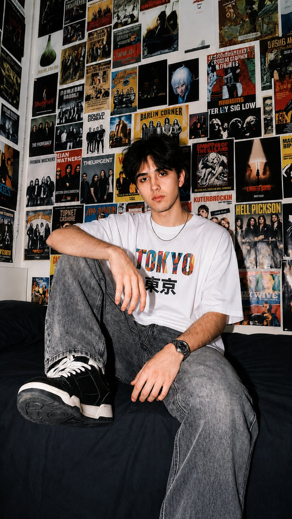 A young man in a white graphic T-shirt, grey baggy jeans, and black sneakers sits casually on a dark bed, with a wall full of colorful music and band posters behind him.
