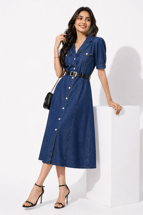 Generic Women's Casual Denim Half Sleeves Dress (Blue)