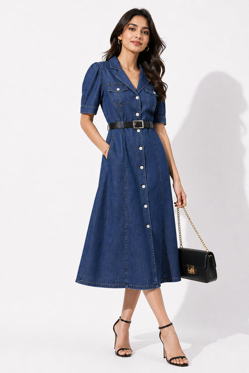 Generic Women's Casual Denim Half Sleeves Dress (Blue)