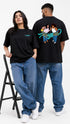 HUGFAB unisex black oversized graphic t-shirt with front logo and back couple illustration print, styled with baggy jeans for streetwear fashion