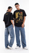 Models wearing HUGFAB black system error graphic oversized T-shirts with baggy jeans on white background