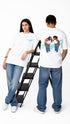 HUGFAB white oversized T-shirt with cartoon duo back print and front logo styled by models in blue jeans