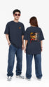 HUGFAB unisex charcoal oversized graphic t-shirt with front mini print and bold abstract back design, styled with blue jeans for streetwear fashion