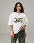 HUGFAB Endless Curve white oversized graphic T-shirt worn by female model with dark jeans