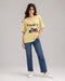 HUGFAB Modular Machine beige oversized graphic T-shirt worn by female model with blue jeans and white sneakers