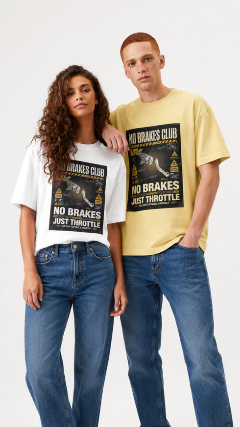 Models wearing HUGFAB No Brakes Club graphic oversized T-shirts with blue jeans on white background