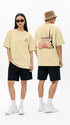 HUGFAB unisex pastel yellow oversized love graphic t-shirt with minimal front chest print and detailed back artwork, styled for streetwear fashion