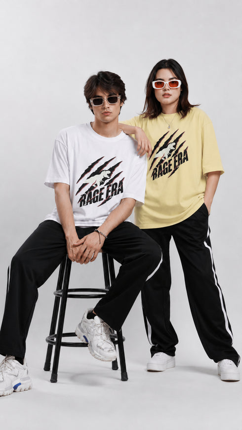 HUGFAB Rage Era oversized graphic T-shirt in white and pastel yellow worn by male and female models in streetwear style