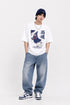 HUGFAB Rain Spirit white oversized graphic T-shirt worn by male model with baggy jeans and navy beanie