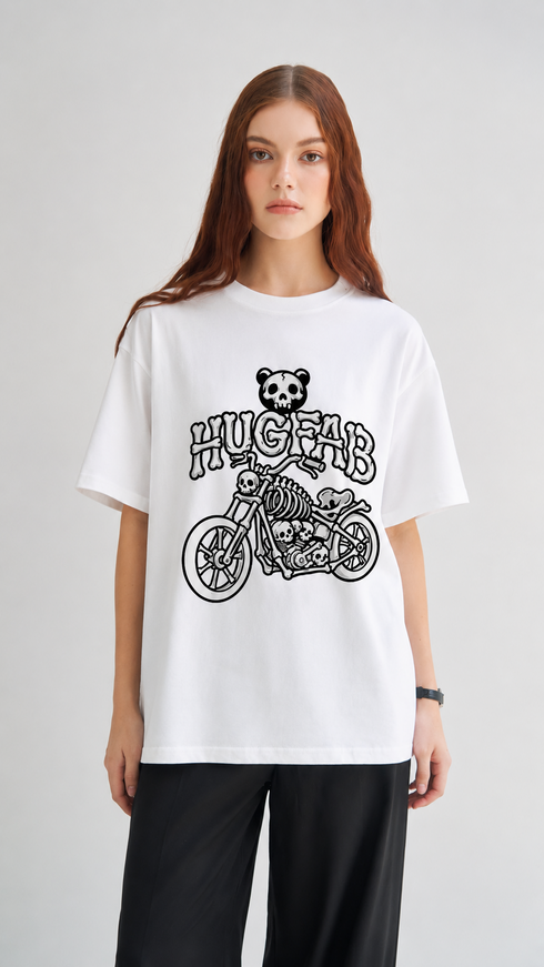 HUGFAB white oversized graphic T-shirt with black skull motorcycle print worn by model in streetwear style