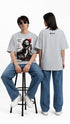 HUGFAB grey oversized T-shirt with bold System Error horror glitch graphic print styled by models in jeans