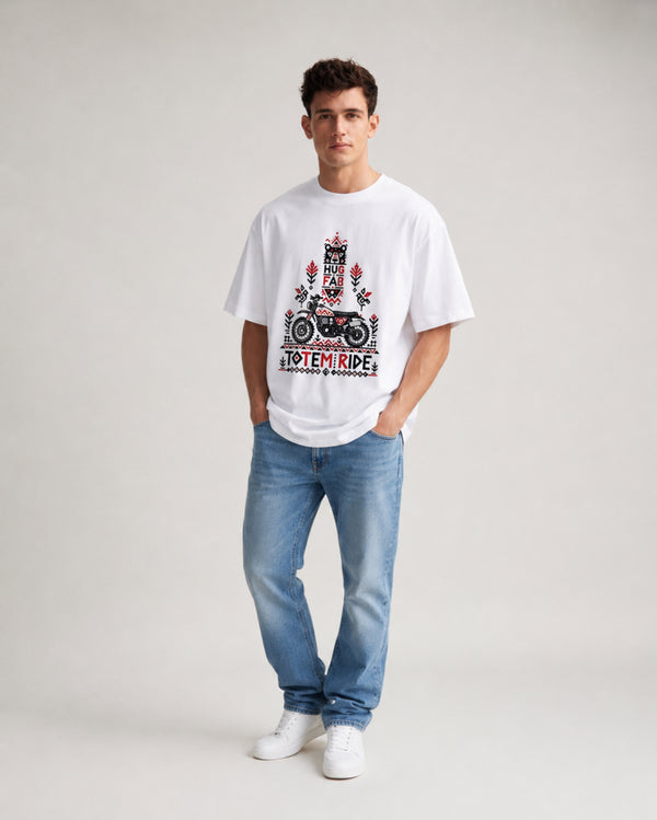 HUGFAB Totem Ride white oversized graphic T-shirt worn by male model with blue jeans and white sneakers