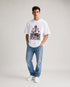 HUGFAB Totem Ride white oversized graphic T-shirt worn by male model with blue jeans and white sneakers