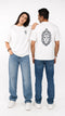 HUGFAB unisex white oversized graphic t-shirt with minimal front logo and bold lion back print, styled with blue jeans for clean streetwear fashion