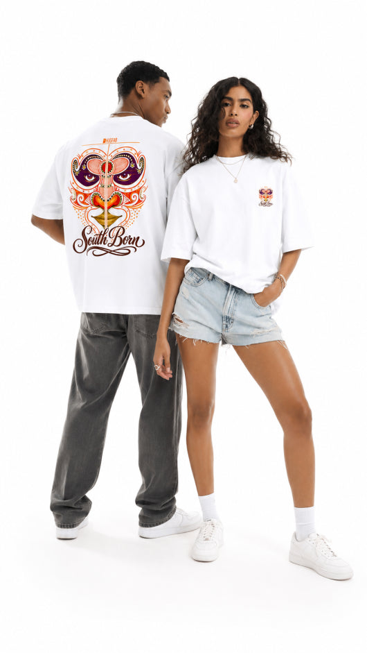 HUGFAB unisex white oversized South Born graphic t-shirt with colorful back print and front chest design, styled for streetwear fashion